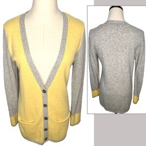Neiman Marcus M 100% Cashmere VARSITY Sweater Long Cardigan Luxury Yellow Gray